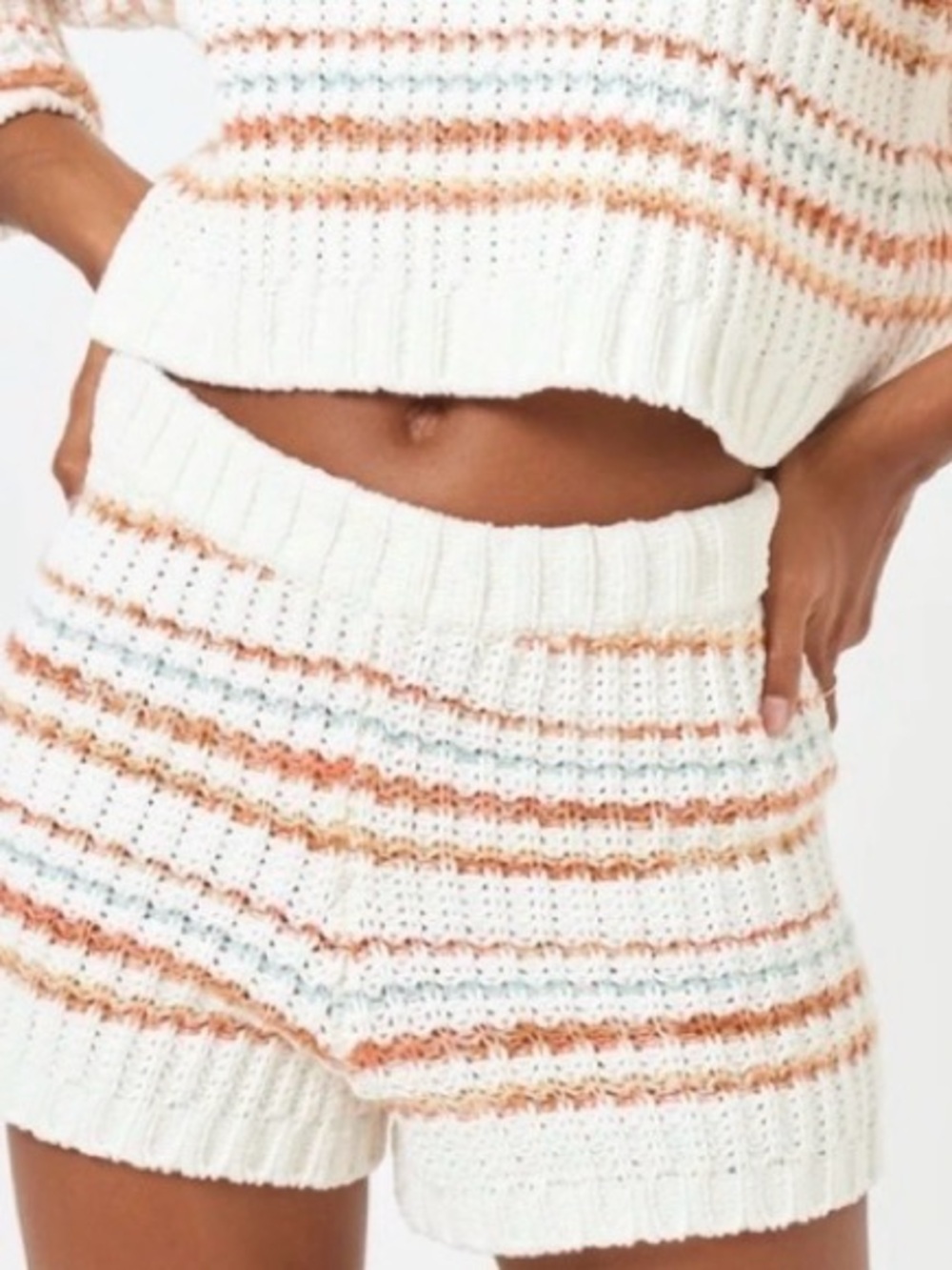 L*Space Cream Multi Striped Knit Loungewear Shorts NWT Size Large Coastal Boho